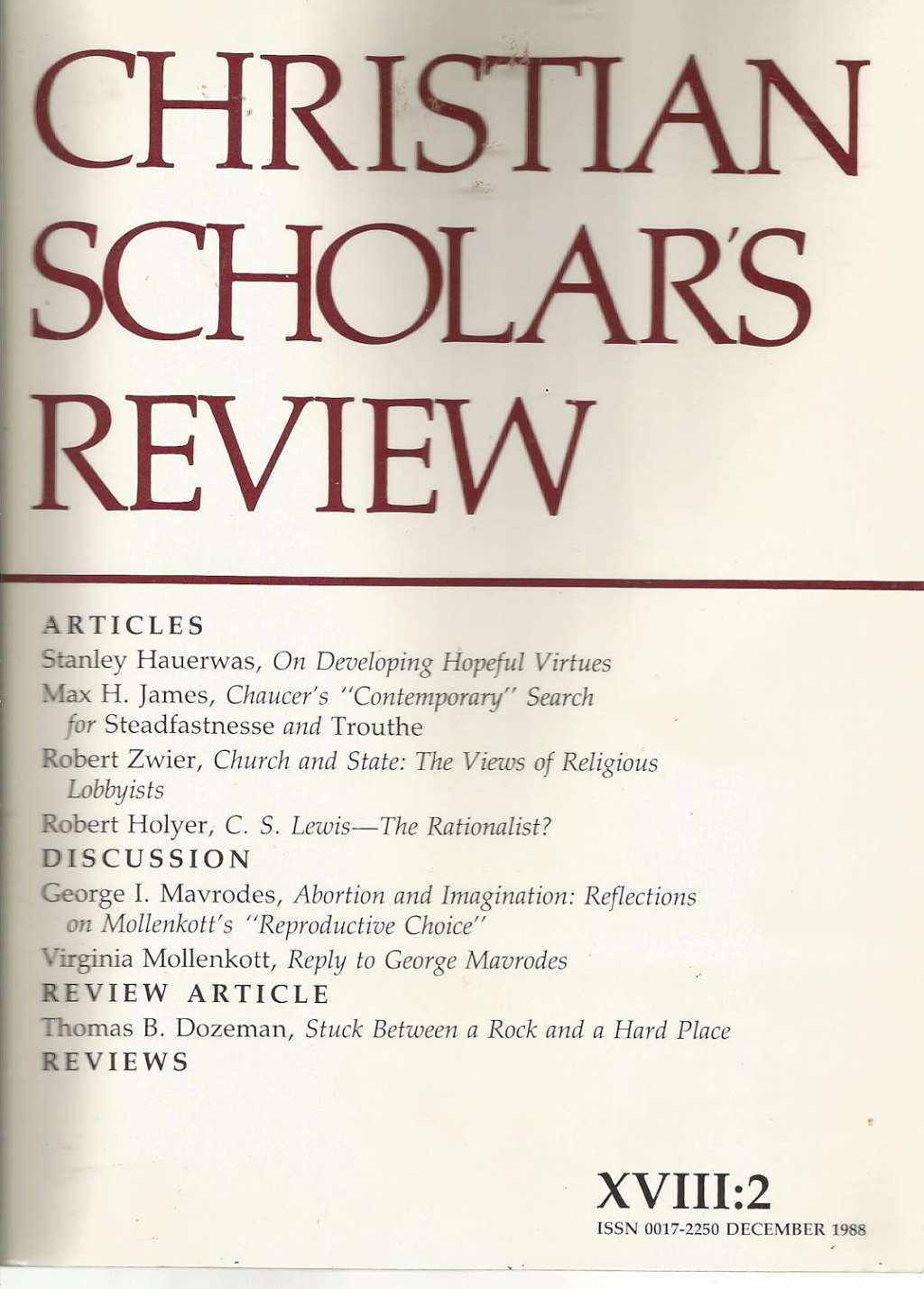Christian Scholars Review: Volume 18, Number 2, December 1988