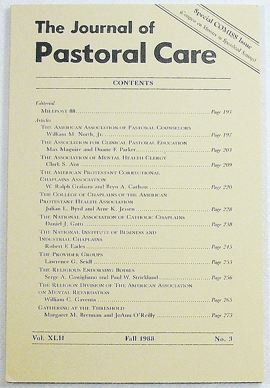 The Journal of Pastoral Care, Fall 1988 (special COMISS Issue)