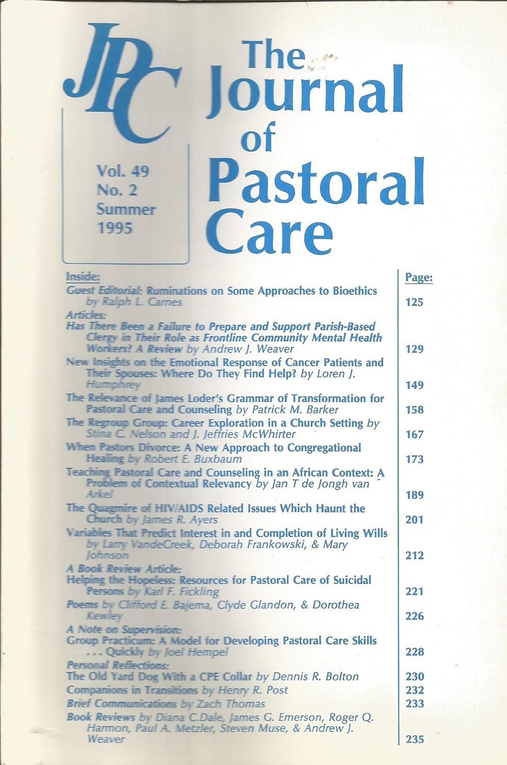 The Journal of Pastoral Care: Volume 49, Number 2, Summer 1995