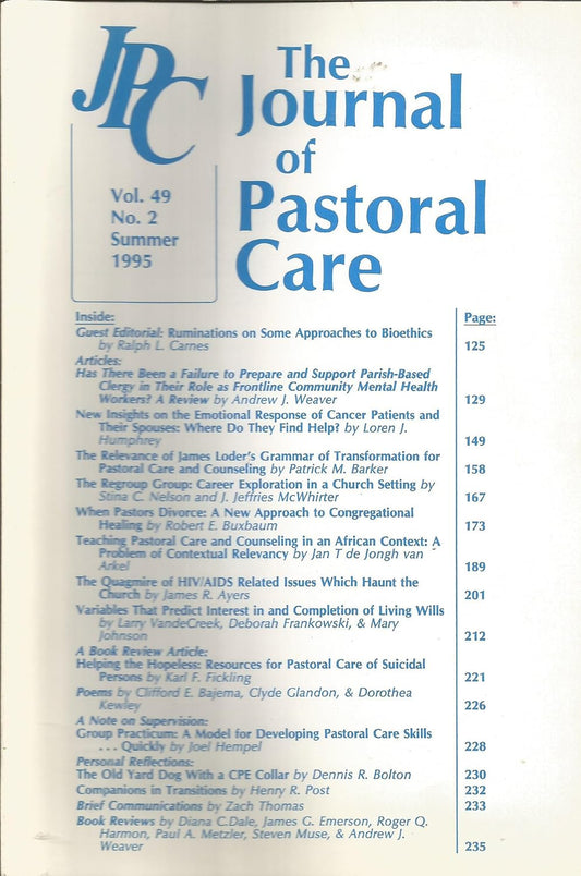The Journal of Pastoral Care: Volume 49, Number 2, Summer 1995