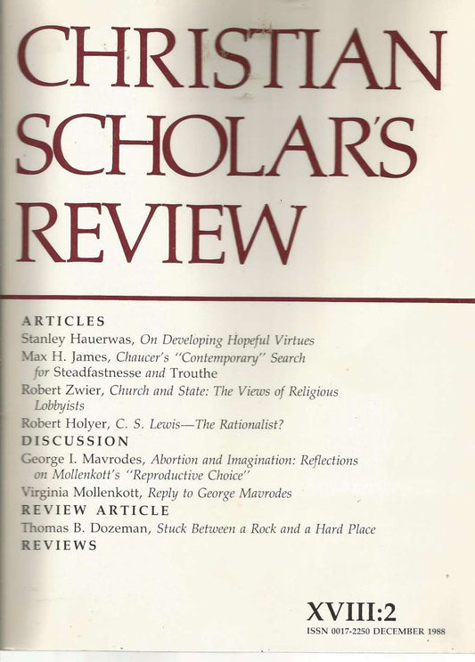 Christian Scholars Review: Volume 18, Number 2, December 1988