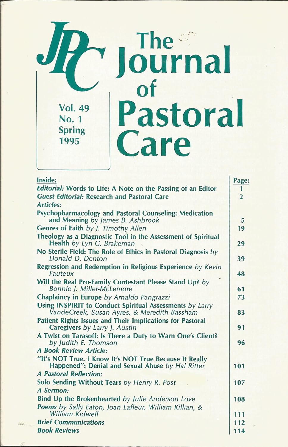 The Journal of Pastoral Care: Volume 49, Number 1, Spring 1995