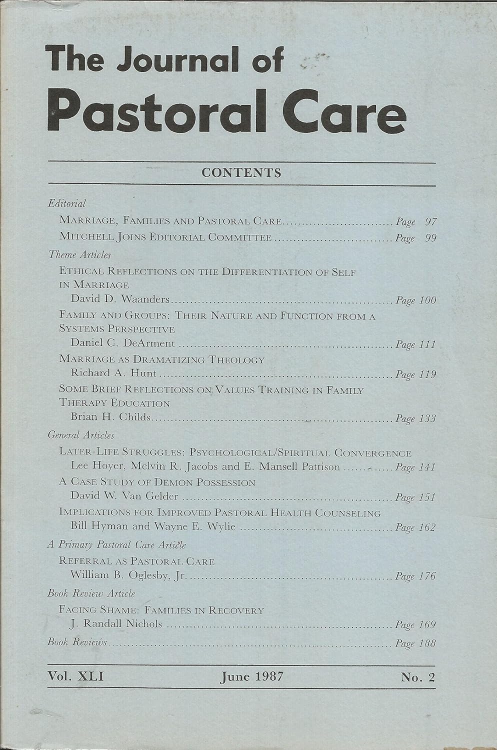 The Journal of Pastoral Care (Volume 41, Number 2)