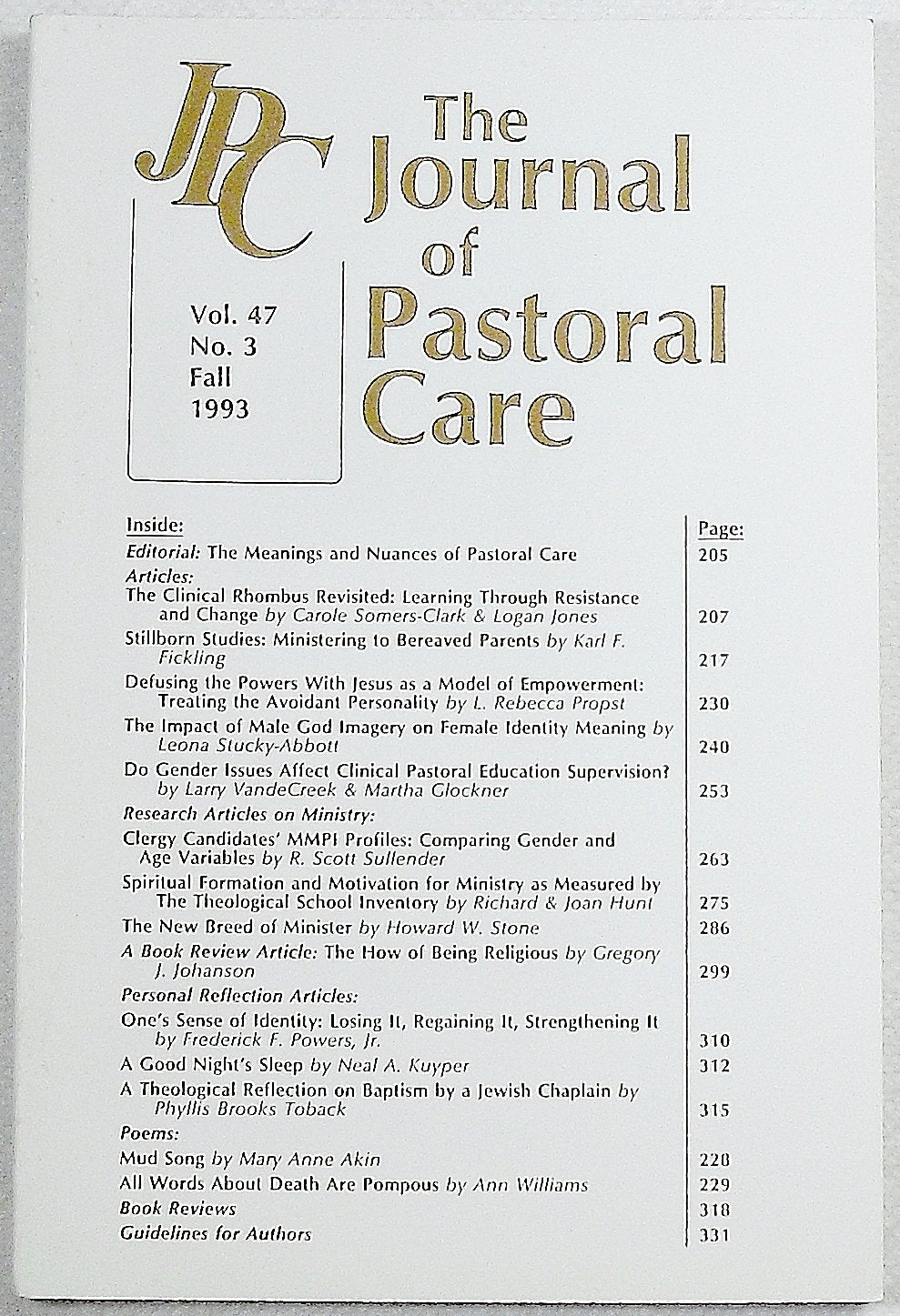 The Journal of Pastoral Care: Volume 47, Number 3, Fall 1993