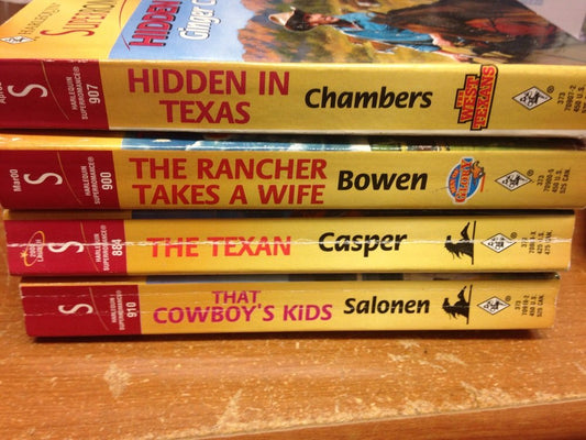 4 Volumes of Harlequin Superromance Books: The Texan by Chambers (884), The Rancher Takes A Wife by Bowen (900), Hidden in Texas by Chambers (907), That Cowboy's Kids by Salonen (910)